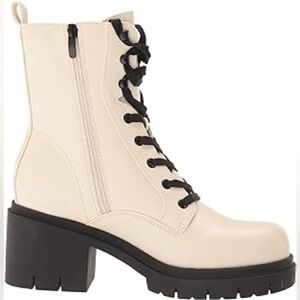 Nine West Juna3 Ivory Lace Up Chunky Block Heel Round Toe Combat Boots Size 7